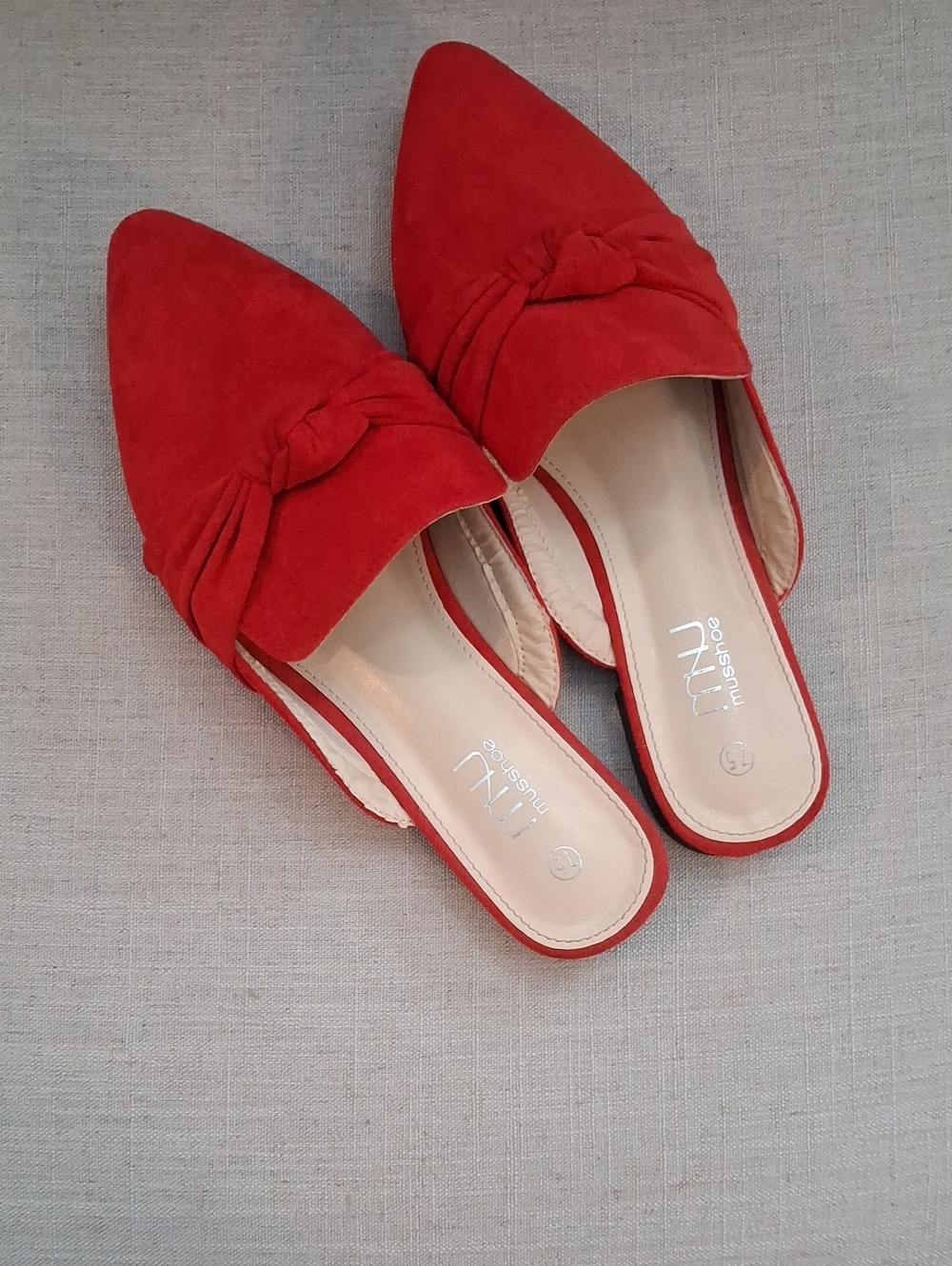 Pointed Red Knot-Accent Slip-On Mules